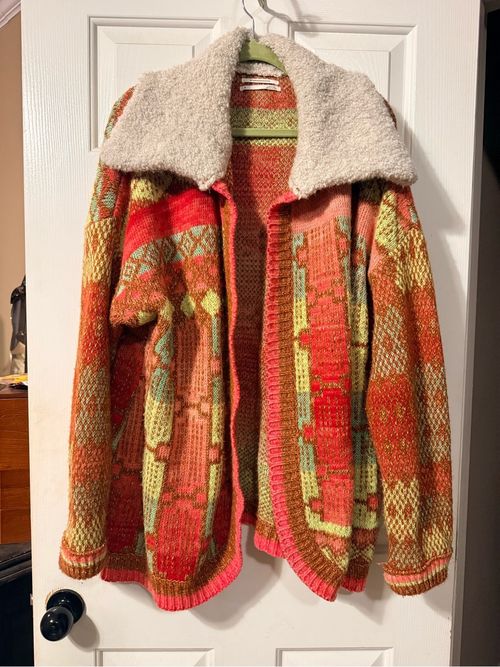 Anthropologie Multicolor Knit Coat with Cream Sherpa Collar